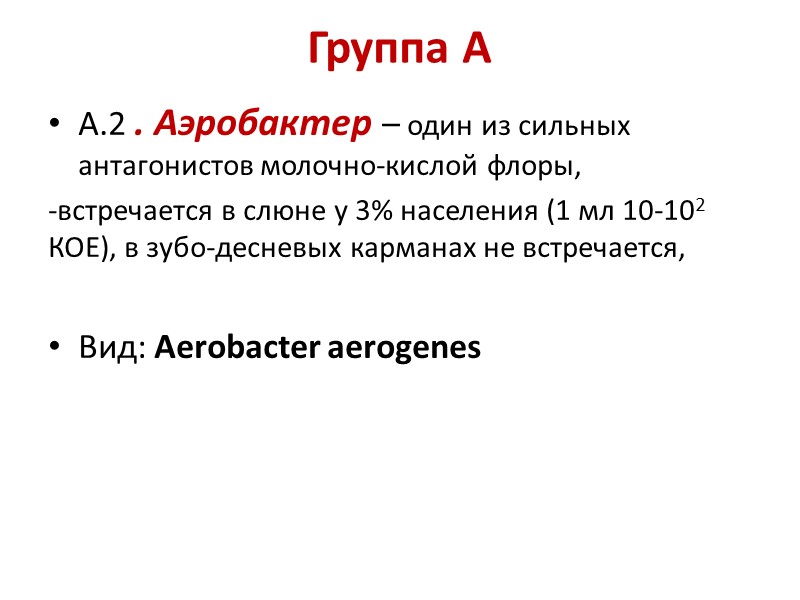 Группа А   А.2 . Аэробактер – один из сильных антагонистов молочно-кислой флоры,